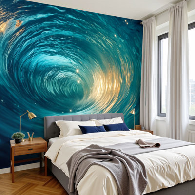 Coastal Peel and Stick Wallpaper Abstract Turquoise Golden Water Swirls Light Reflections Wall Murals 100"H x 144"W Removable PVC Wall Paper Self-Adhesive Wall Decor for Bathroom Kids Bedroom Living Room Home Nursery