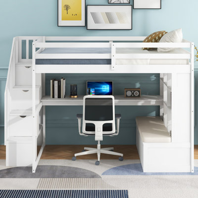 Lit mezzanine double avec bureau et tablettes, deux tiroirs intégrés, escalier de rangement
