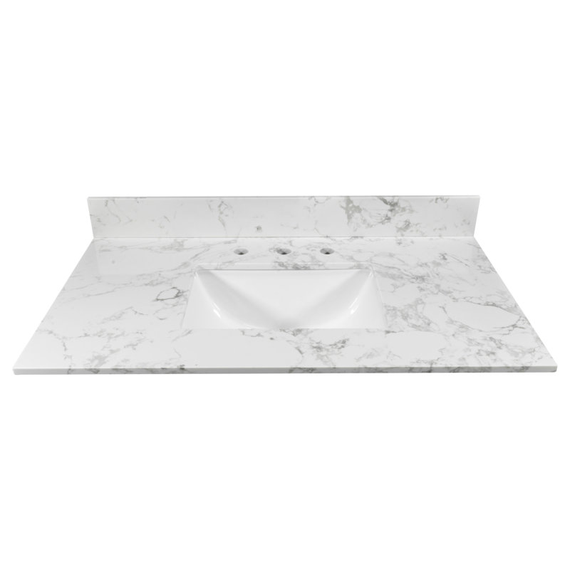 Dessus de meuble-lavabo en pierre de style nouveau Carrara avec lavabo rectangulaire encastré en céramique et dosseret avec 3 trous pour armoire de salle de bain en céramique, porte, meuble-lavabo