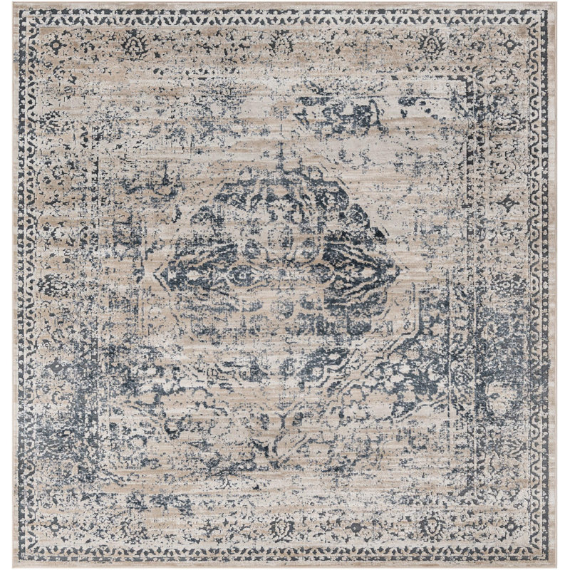 Arkeen Oriental Dark Blue/Beige/Ivory/Gray Area Rug, Square 5'3"