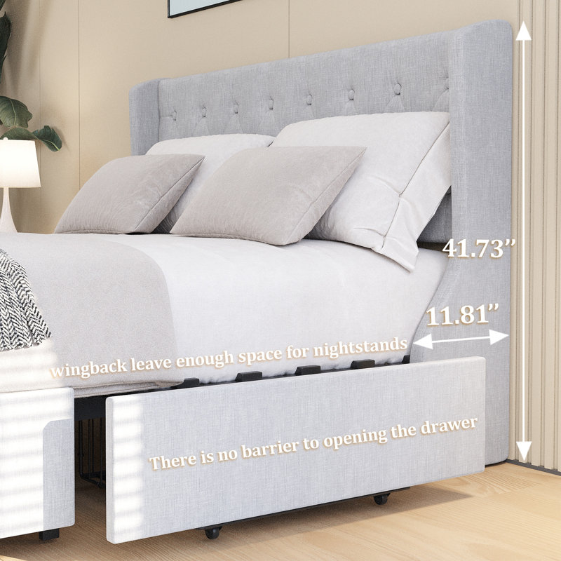 Taille de lit avec 4 tiroirs de rangement et tête de lit à oreilles, conception capitonnée, Gris clair, Grand lit