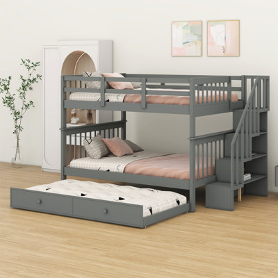 Bunk Bed With Trundle, Storage And Guard Rail For Bedroom