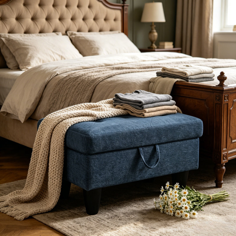Tufted Linen Storage Ottoman with Lift Top, Blue Linen Blend