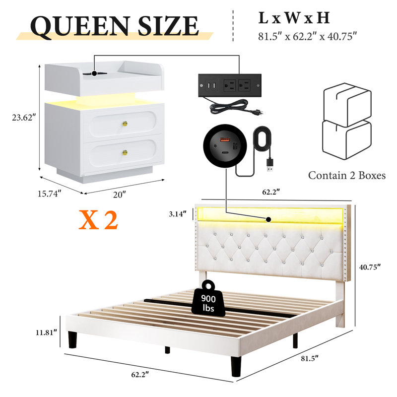 Lit plateforme avec tête de lit et lumières DEL, équipé d'une table de bout moderne pour l'ensemble de chambre à coucher 8