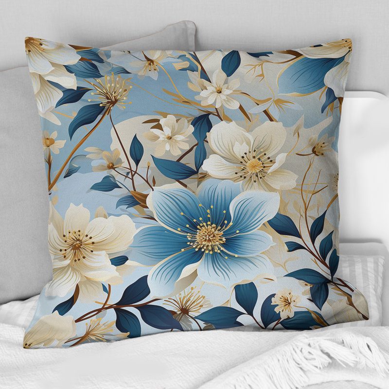 Motif floral blanc et bleu - imprimé floral, H 18 po x l 18 po