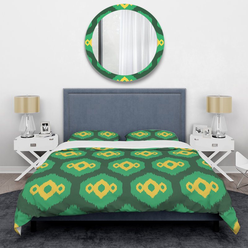 Vert et jaune Ikat Ogee - Ensemble de housse de couette abstrait - Microfibre de polyester