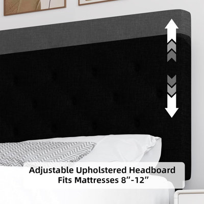 Bed Frames with Button Tufted Headboard, Linen Upholstered Platform Bed with Wooden Slats Support, Easy Assembly, No Box Spring Required