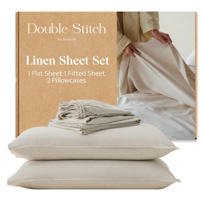 Double Stitch European Linen Sheets Set - 4 PC Bed Sheets Deep Pocket, Breathable Linen Blend Sheet Set, Sustainable Moisture-Wicking Cooling Sheets, Featured In USA Today