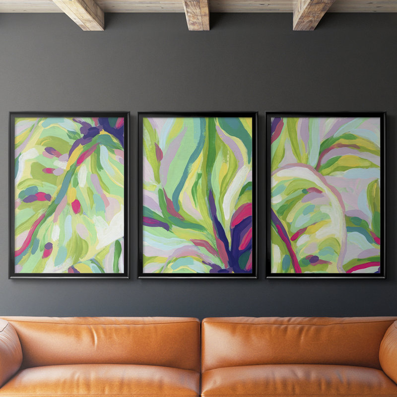 Bright Tropical Abstraction I - Toile tendue avec châssis sur mesure - 3 pièces, Noir, noir, noir, noir, H 30 po x l 63 po