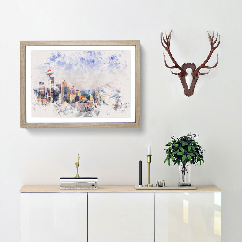 Seattle Skyline - Picture Frame Painting Print, 24cm H x 33cm W x 2cm D, Oak Framed