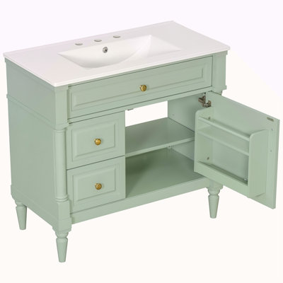 Meuble-lavabo de 36 po avec lavabo, armoire de salle de bain autoportante avec lavabo en céramique, tiroir rabattable, tablette réglable, structure en bois d'hévéa et panneaux de fibres à densité moyenne, poignées en métal, finition peinte en vert
