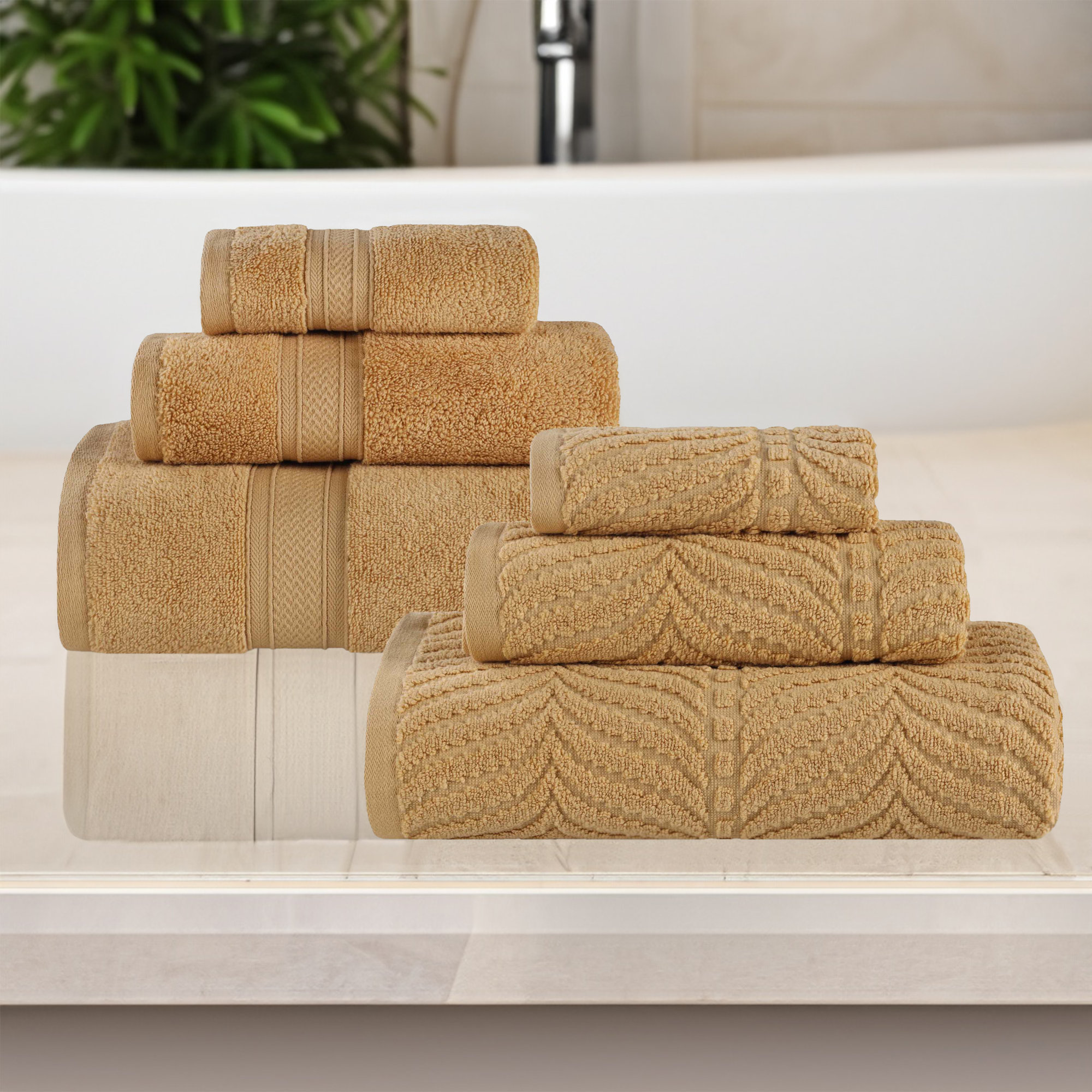 Amaretto Chevron Zero Twist Solid and Jacquard Cotton 6 Piece Bathroom Towel Set, Yellow Gold