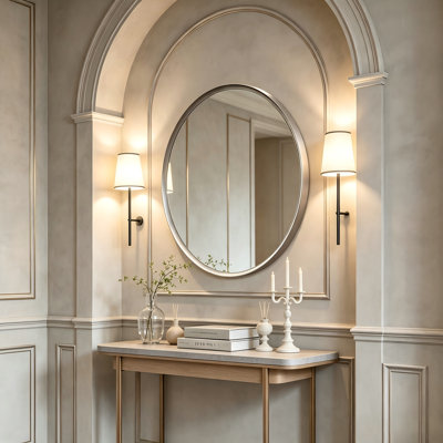 30 Inch Metal Framed Round Wall Mirror, Brushed Nickel Bathroom Vanity Mirror, Hd Tempered Glass