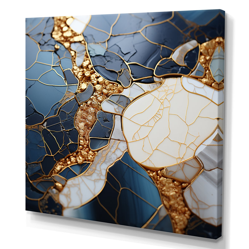 Art abstrait doré et bleu liquide II - encre liquide abstraite, art mural, Toile tendue, H 16 po x l 16 po x P 1 po