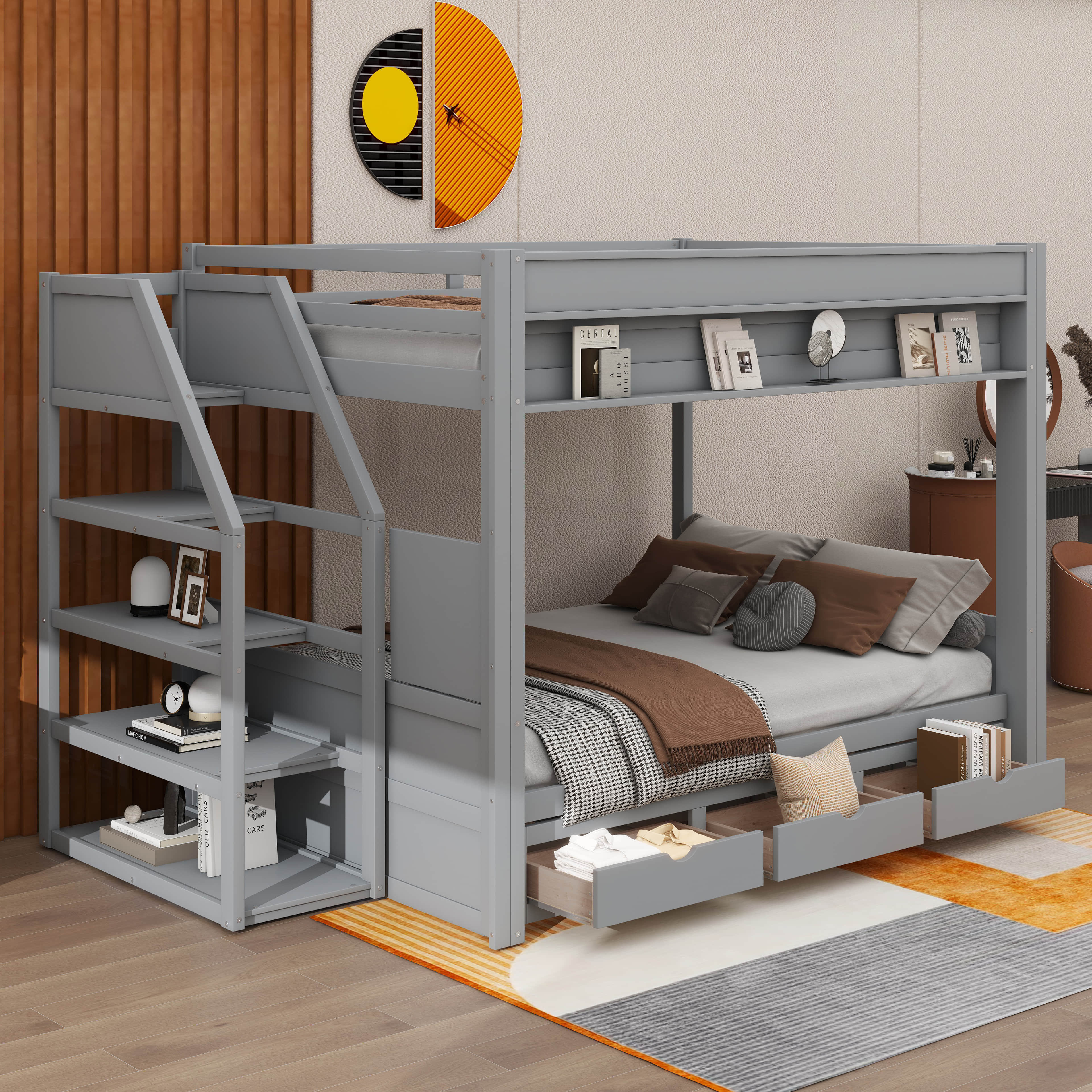 Harriet Bee Twin Over Full Wooden Bunk Bed With Storage Staircase ...