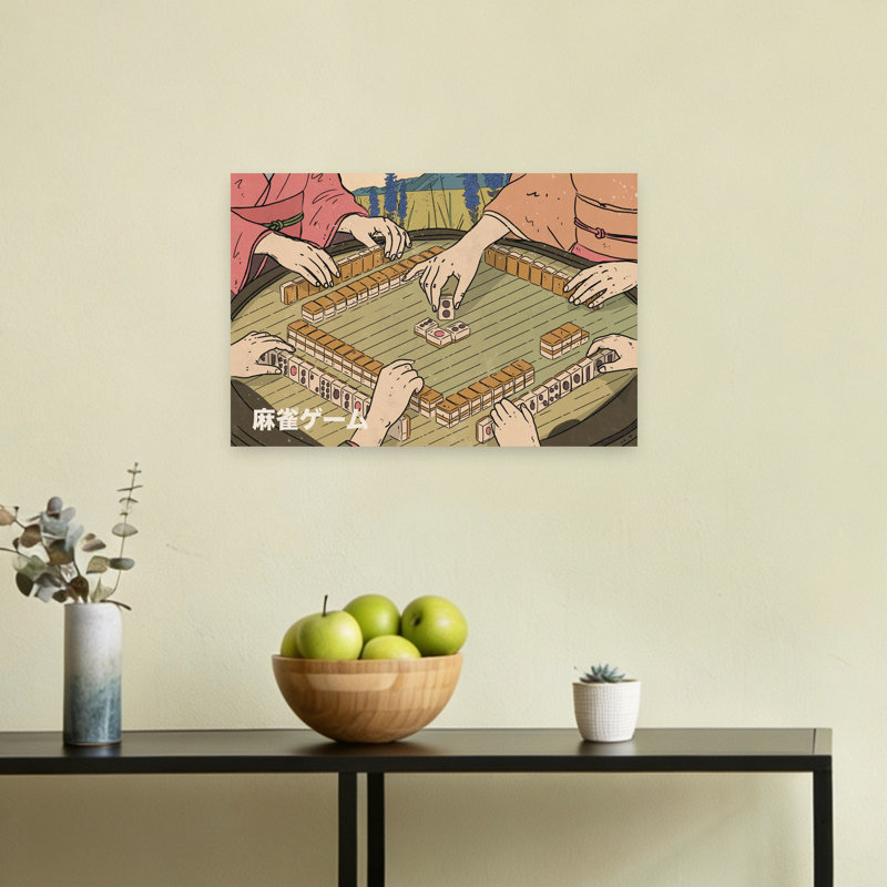 Joueurs de Mahjong japonais abstraits, art floral traditionnel rétro, paysage, 12" H x 18" W