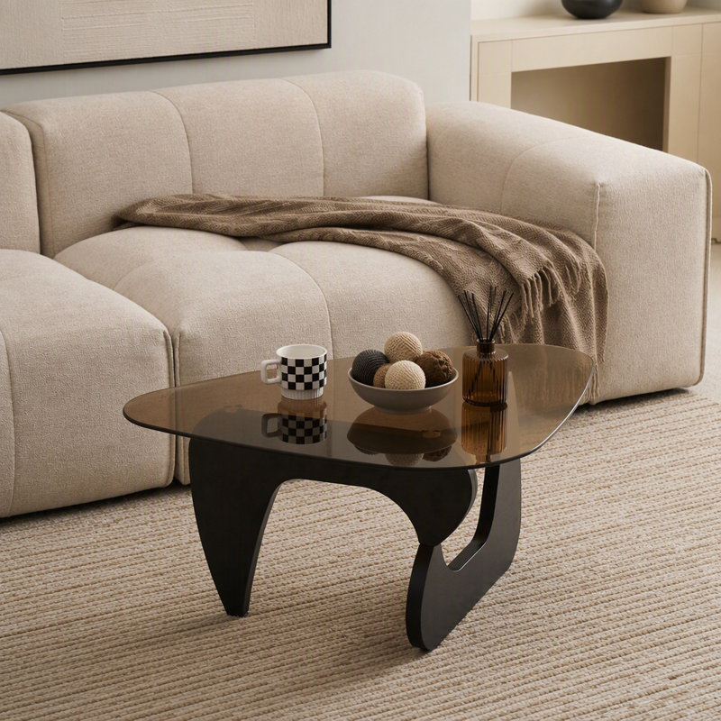 Table basse en verre avec base en bois, plateau de table en verre trempé de style Mid-Century moderne, facile à assembler