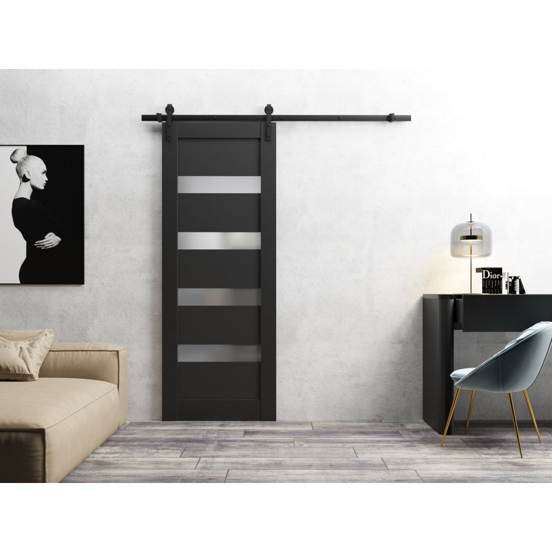 Porte de grange robuste | Verre givré noir mat Quadro 4113 | Ensemble de quincaillerie lourde 6,6 pi | Portes intérieures solides