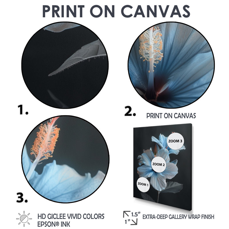 «Blue Crystal Hibiscus Botanical Beauty II - Hibiscus», art mural, H 20 po x l 12 po x P 1 po, Toile avec cadre flottant or