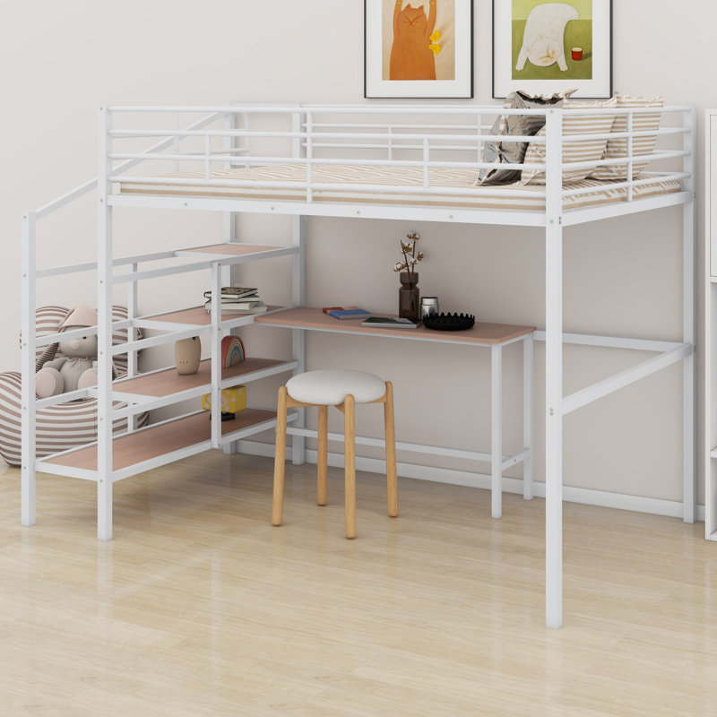 Lit mezzanine en métal avec bureau, Blanc