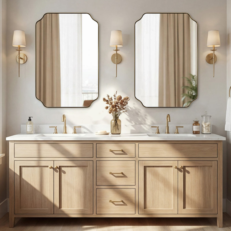 Modern Scalloped Corner Rectangle Bathroom Vanity Mirror | Stainless Steel Frame, Brushed Gold, 30" x 20"