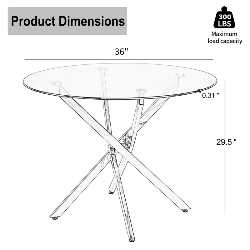 Round Glass Top Dining Table for 4-6, Heavy-Duty Metal Base with Adjustable Non-Slip Floor Protectors - Modern Kitchen Table for Dining Room, Apartment, Home, Condo
