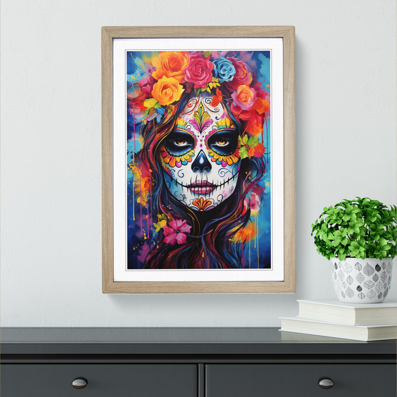 Sugar Skull Action Painting - Single Picture Frame Print on Wood, 34cm H x 25cm W x 2cm D, Oak