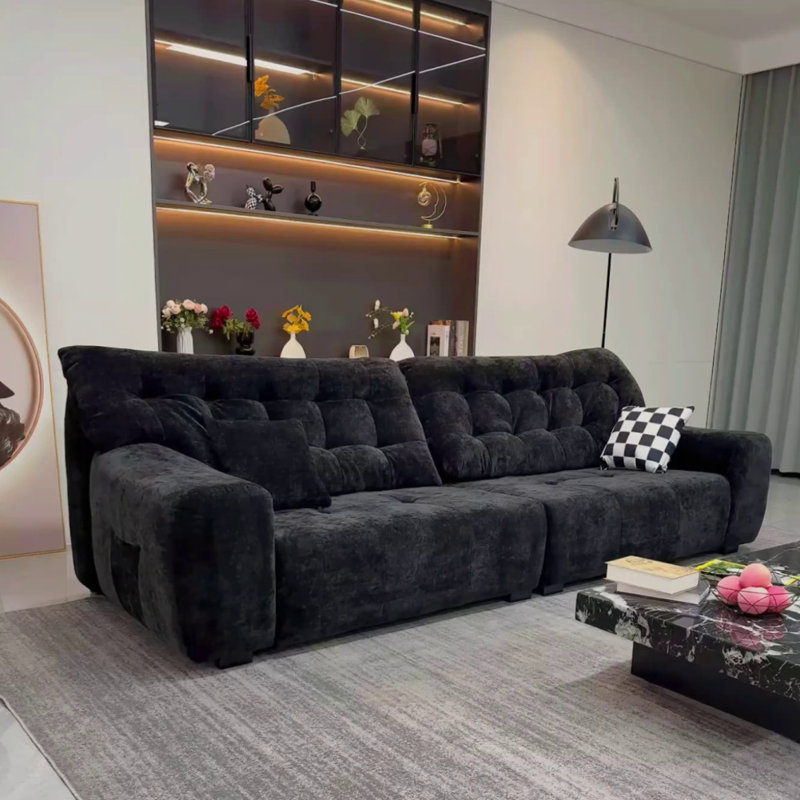 Retro Chenille Straight-layout Black Sofa