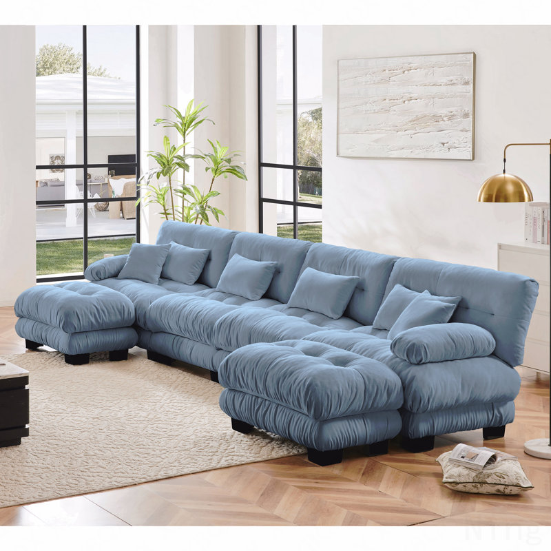 Canapé modulaire en U dans des pièces familiales spacieuses, canapé modulaire à combinaison libre, canapé pour le salon, canapé 4 places avec 2 repose-pieds, bleu chenille