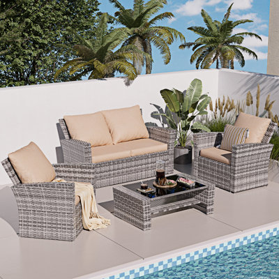4-Piece Outdoor Wicker Sofa Set with Loveseat, Cushioned Seating & Glass Coffee Table
