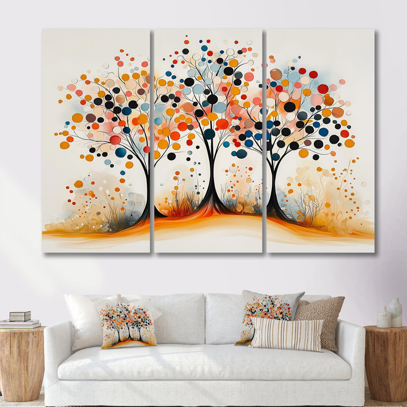 Automne orange et bleu, arbre, saisons, réflexions I - ensemble d'art abstrait mural Mid-Century, H 40 po x l 60 po x P 1 po