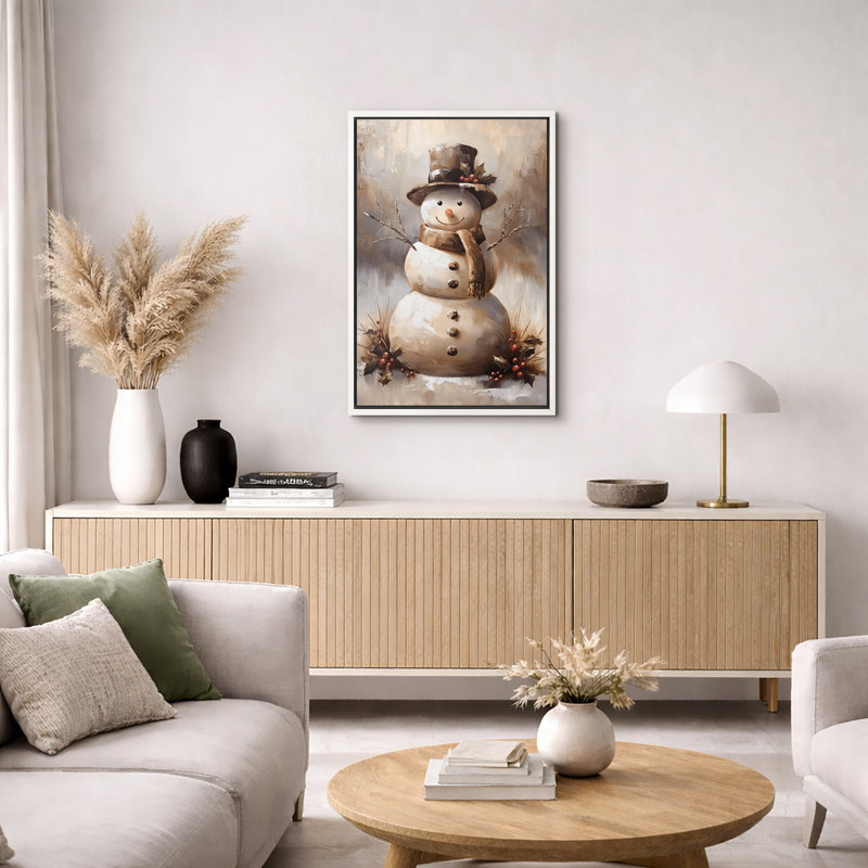Charmant bonhomme de neige souriant avec écharpe et chapeau haut de forme, Cadre flottant blanc, H 24 po x l 16 po
