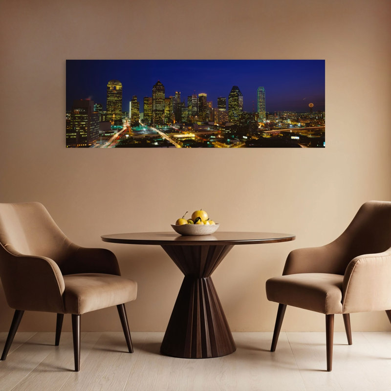 Buildings In A City Lit Up At Night Dallas Texas USA by Blakeway Worldwide - Wrapped Canvas Panoramic Print