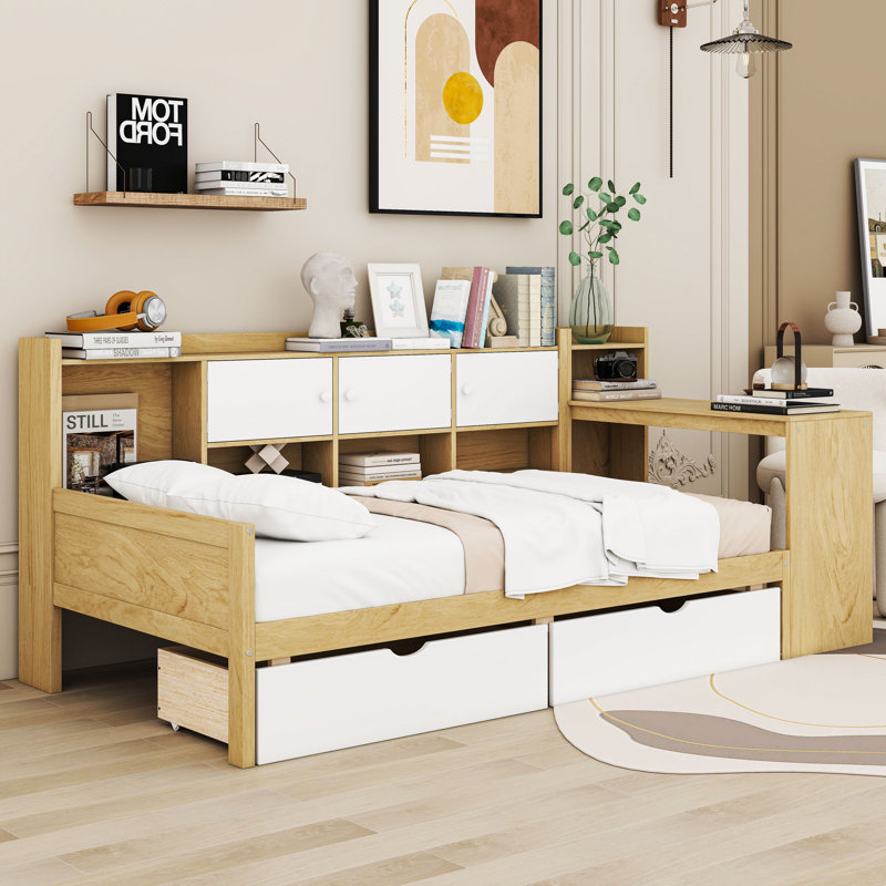 Lit de jour à deux tiroirs avec tablettes de rangement, bureau d'étude et lattes, Blanc naturel, Lit simple