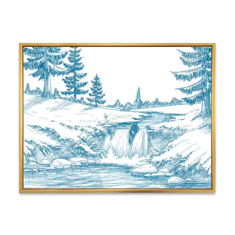 Rivière de montagne bleu clair sur blanc - peinture sur toile, H 30 po x l 40 po x P 1,5 po, Cadre flottant doré