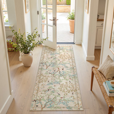 Floral Rug Botanical Birds Print Nature Plants Washable Non-slip