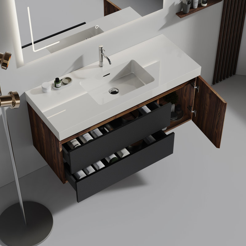 48" Wall Mounted Single Bathroom Vanity with Solid Surface Sink Top, White