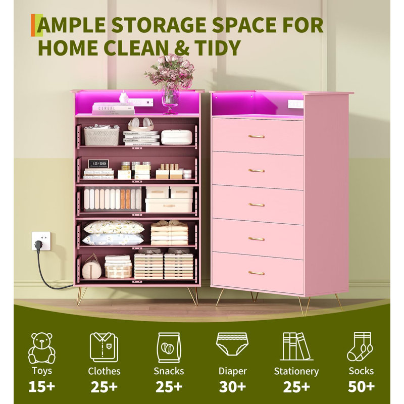 5-Drawer Tall Wood Dresser, Soft-Close Water-Resistant Storage Organizer for Bedroom Hallway Closet, Pink
