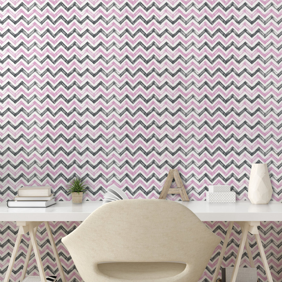 Abzieh- und Klebetapete, Chevron Zigzags, Geometrisch, Baby Pink Anthrazit grau