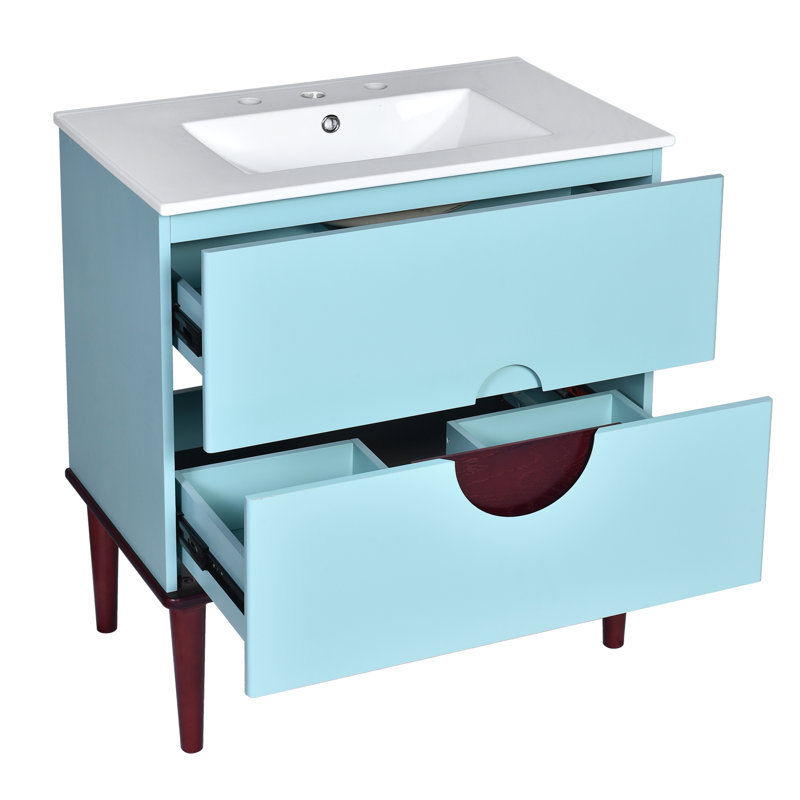 Meuble-lavabo de salle de bain avec lavabo en céramique - 2 bacs de style moderne en bois massif bleu 30 po, rangement fascinant