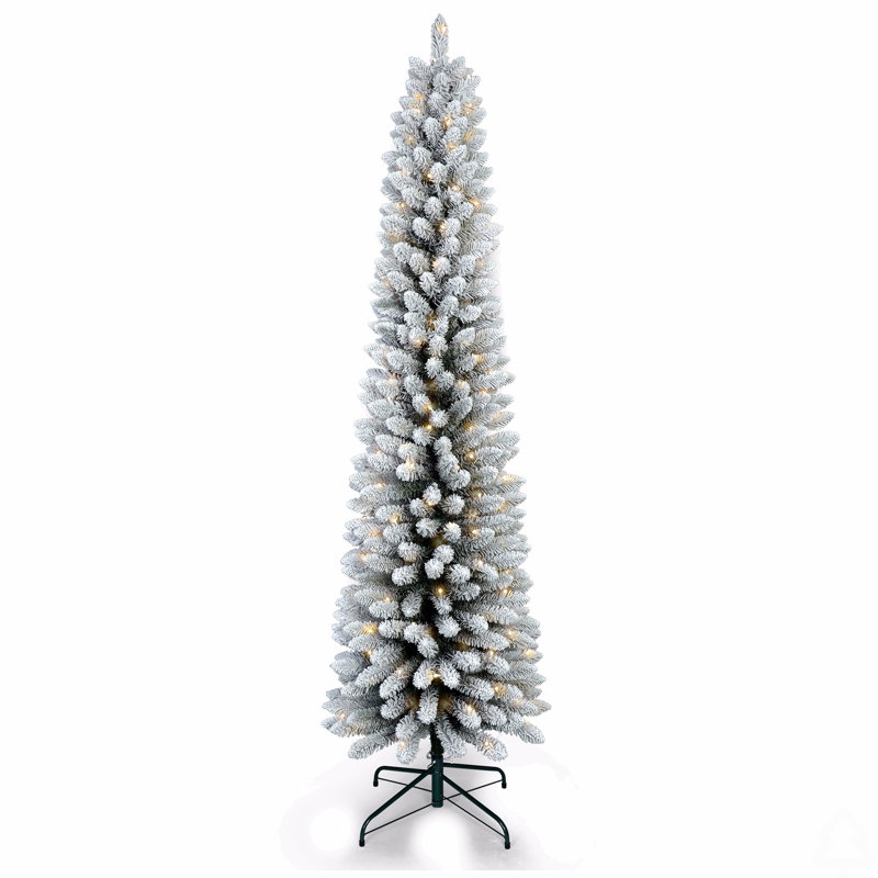 Arbre de Noël 6 pi avec 150 lumières DEL blanc chaud - Arbre enneigé mince en PVC avec 358 pointes, support en métal, conception compacte