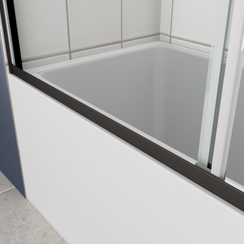Porte de douche de baignoire, 56 po x 60 po x 58 po, verre trempé de 1/4 po, noir mat, poignée en acier inoxydable, fuite, système coulissant de salle de bain lisse, fonction de fuite,