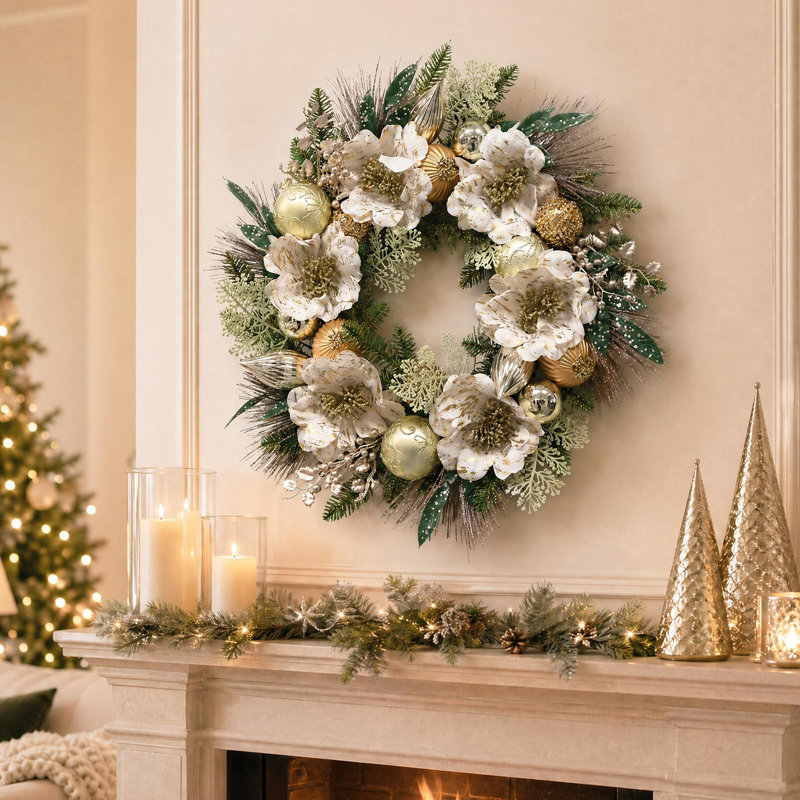Couronne de Noël réaliste de 61 cm (24 pouces) en amaryllis avec lumières DEL et ornements électroplaqués