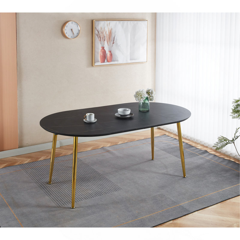 Table extensible, table de salle à manger, pieds en métal, plateau en panneau de fibres à densité moyenne, 100/140 / 180X100x75cm, couleur dorée et noire