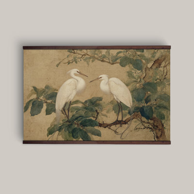 White Herons Tapestry Wall Art on Canvas – Vintage Nature Birds on Tree Branch