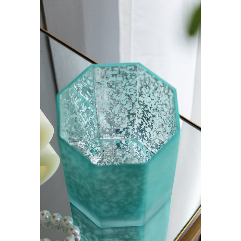 Aqua Blue Frosted Mercury Glass Octagonal Candle Holder, Aqua
