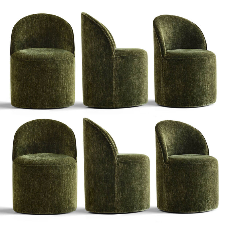 Rolling Chenille Upholstered Dining Chair With Hidden Casters (Set Of 6), Olive Green