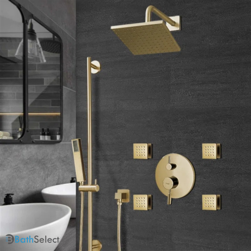 Système de douche mural avec douche à main, jets de corps et robinet thermostatique Bravat - finition or brossé