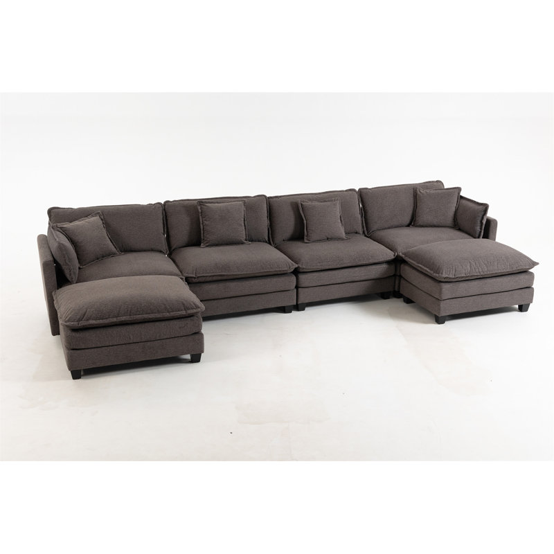 Modern 4Seats With 2Ottoman 149.61"Sectional Sofa With Waist Pillows, Antique Gray Chenille