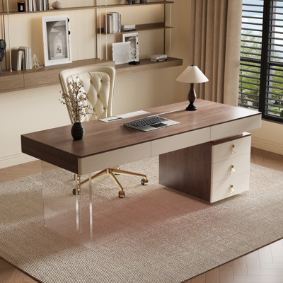Home Office Executive Desk With 1 Cabinet Of 3 Drawers 3-Drawer Desktop Acrylic Legs Wood Grain Finish